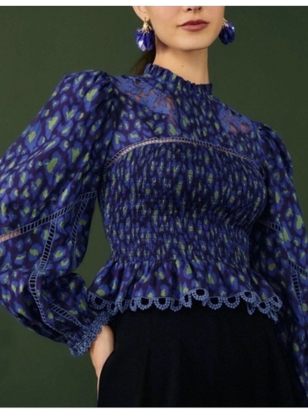 FARM Rio Blue and Green Smocked Peplum Blouse